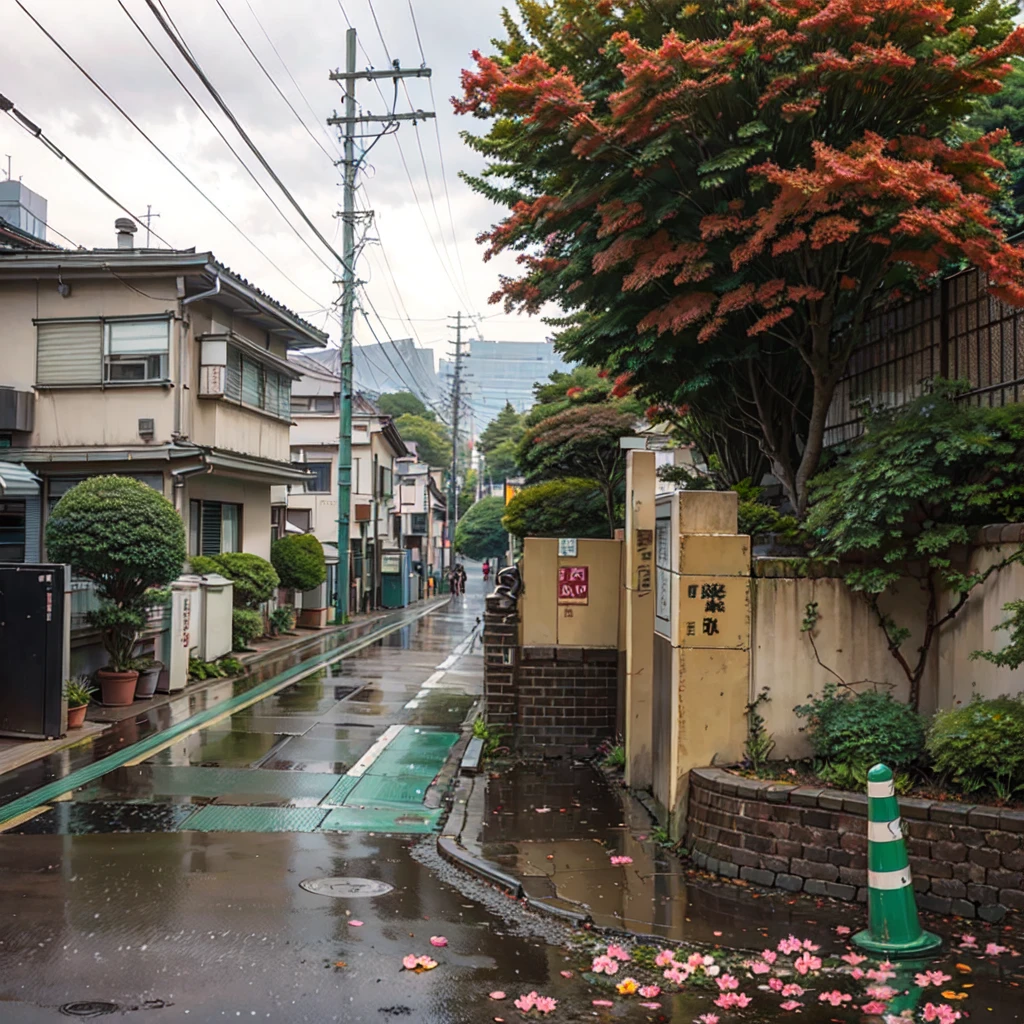 there is a street with a fence and a flowered tree, japanese street, japanese neighborhood, japan travel aesthetic, tokyo street, beautiful aesthetic, tokyo - esque town, in a tokyo street, by Eizan Kikukawa, beautiful and aesthetic, in the streets of tokyo, day after raining, tokyo alleyway, by Nishida Shun'ei, alley