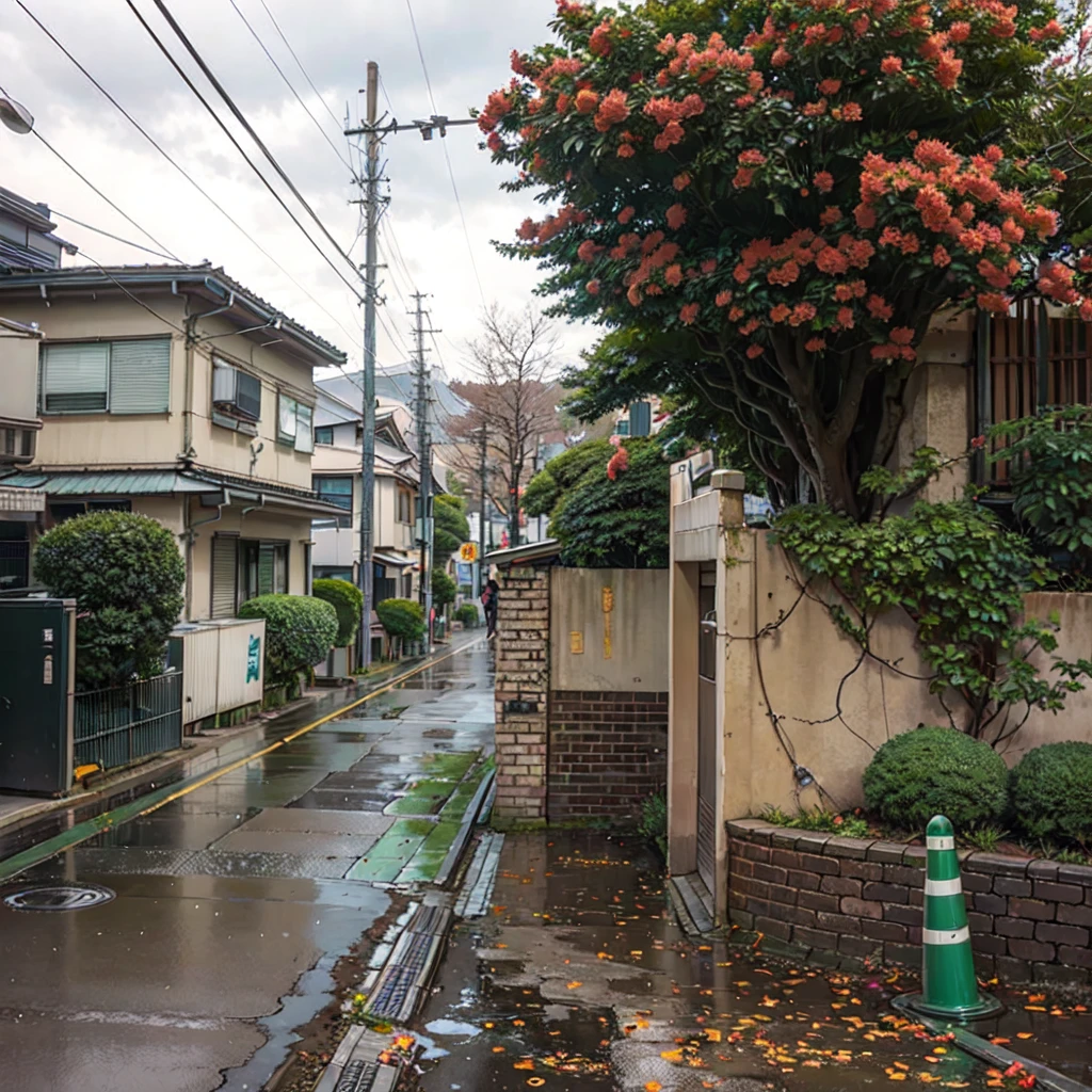 there is a street with a fence and a flowered tree, japanese street, japanese neighborhood, japan travel aesthetic, tokyo street, beautiful aesthetic, tokyo - esque town, in a tokyo street, by Eizan Kikukawa, beautiful and aesthetic, in the streets of tokyo, day after raining, tokyo alleyway, by Nishida Shun'ei, alley