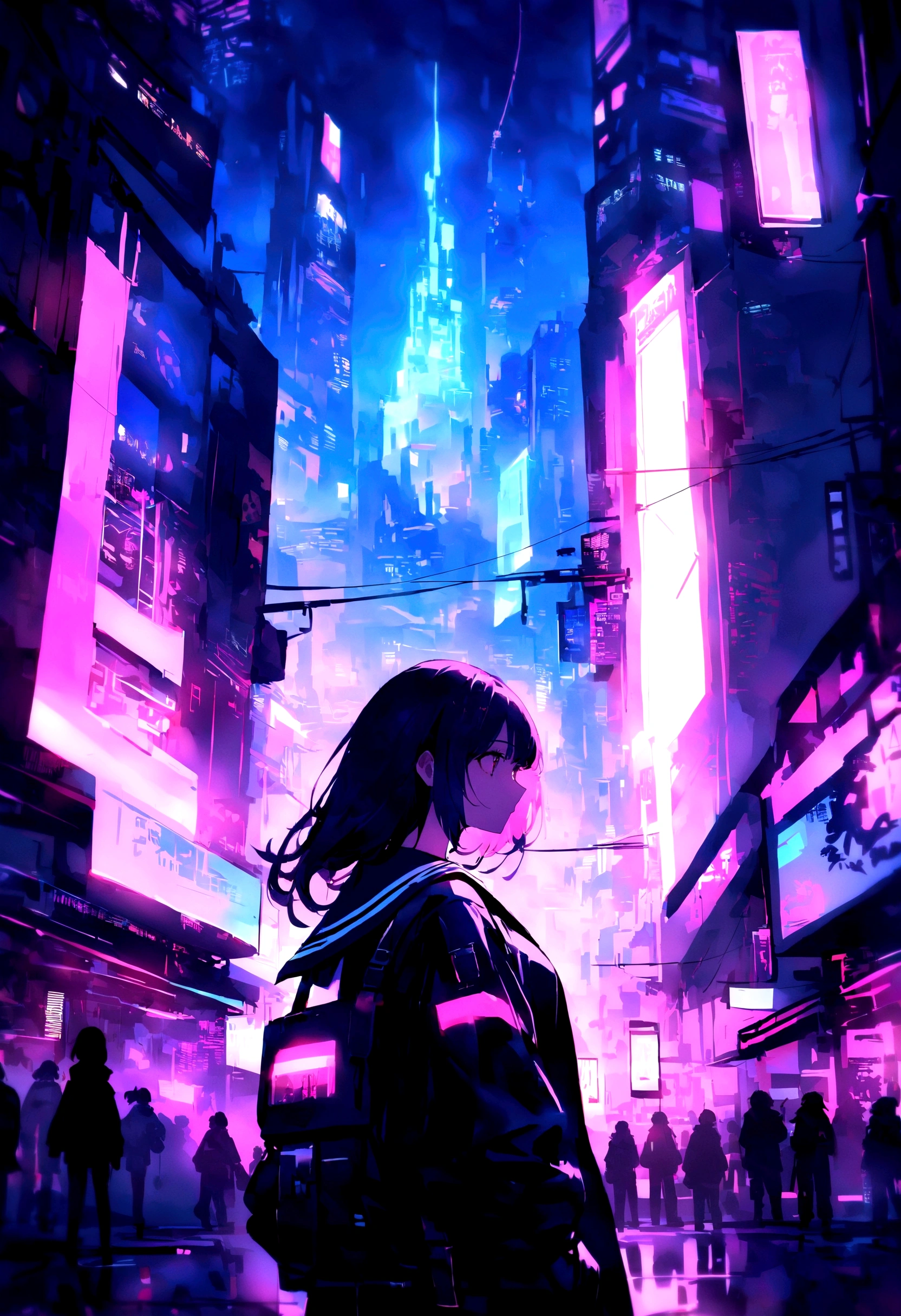 girl in cyberpunk style in a sailor suit, Ultra science fiction,Nothing to do with web images,Has a very unique personality,,Strongly reflected light,Ultra-delicate skin and clothing,Super soft hair,unity,Extreme science fiction, city in neon, a lot of signs like time square, on one it is written in capital letters "WHAT IS REAL", girl in silhouette, center the girl by lifting her higher, like a plan from below