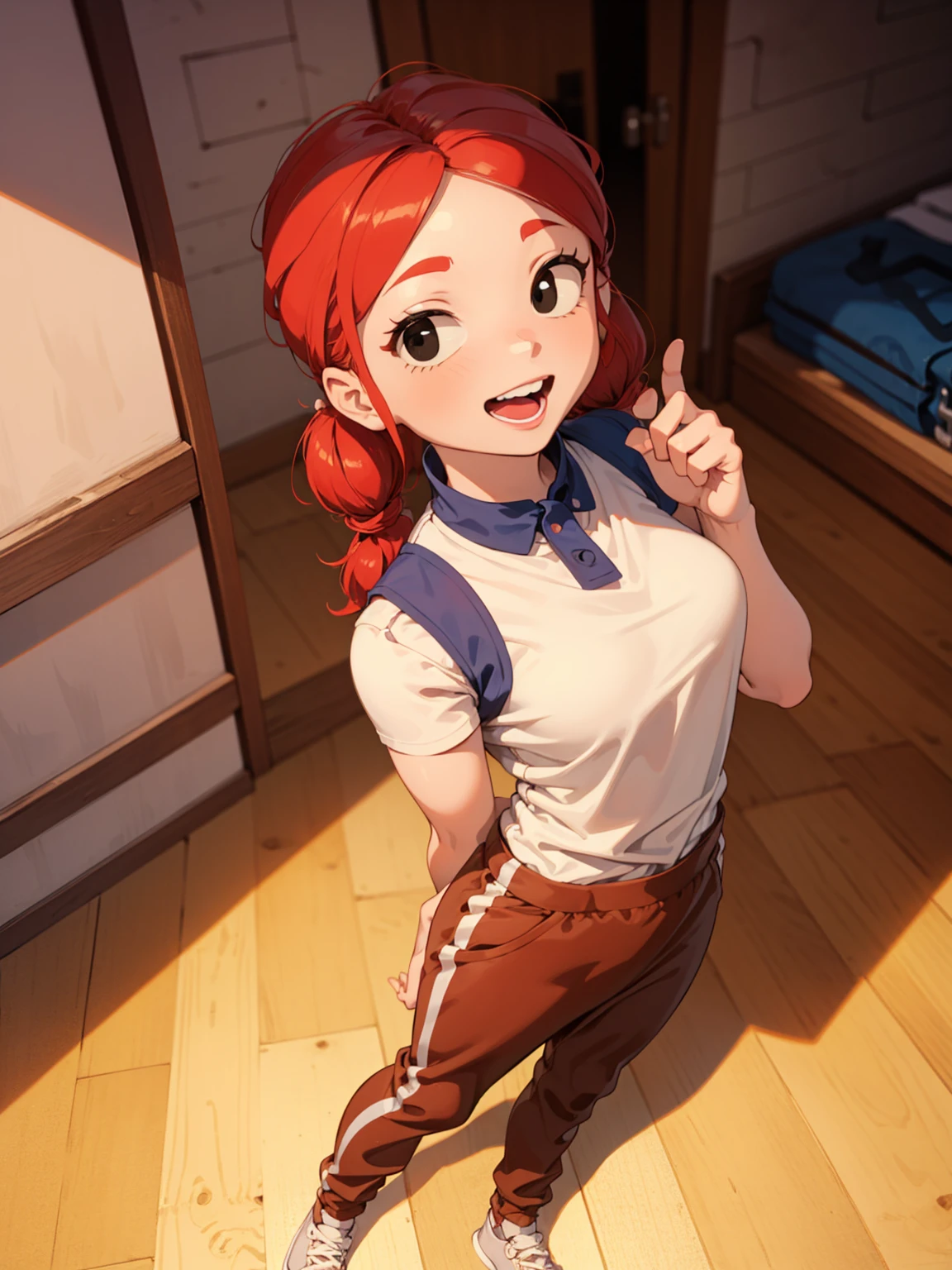 jbrawl, black eyes, happy, twintails, red hair, red twintails hair, low twintails, happy, white t-shirt, sleeveless t-shirt, t-shirt connected to trackpants, yellow colored trackpants, trackpants, short trackpants, bondage, tied up, both hand tied up behind back, in the house, wooden house, indoor, knell, knelling on the floor, knelling pose, both hand tied up,