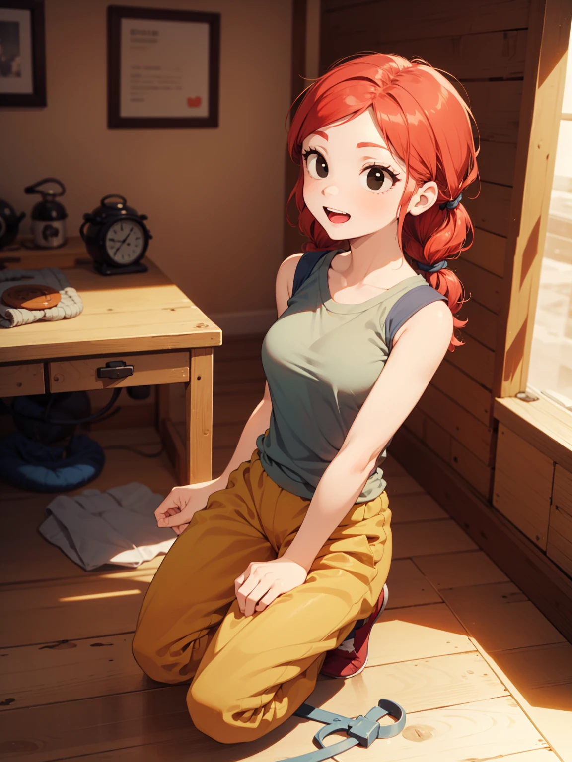 jbrawl, black eyes, happy, twintails, red hair, red twintails hair, low twintails, happy, white t-shirt, sleeveless t-shirt, t-shirt connected to trackpants, yellow colored trackpants, trackpants, short trackpants, bondage, tied up, both hand tied up behind back, in the house, wooden house, indoor, knell, knelling on the floor, knelling pose, both hand tied up,