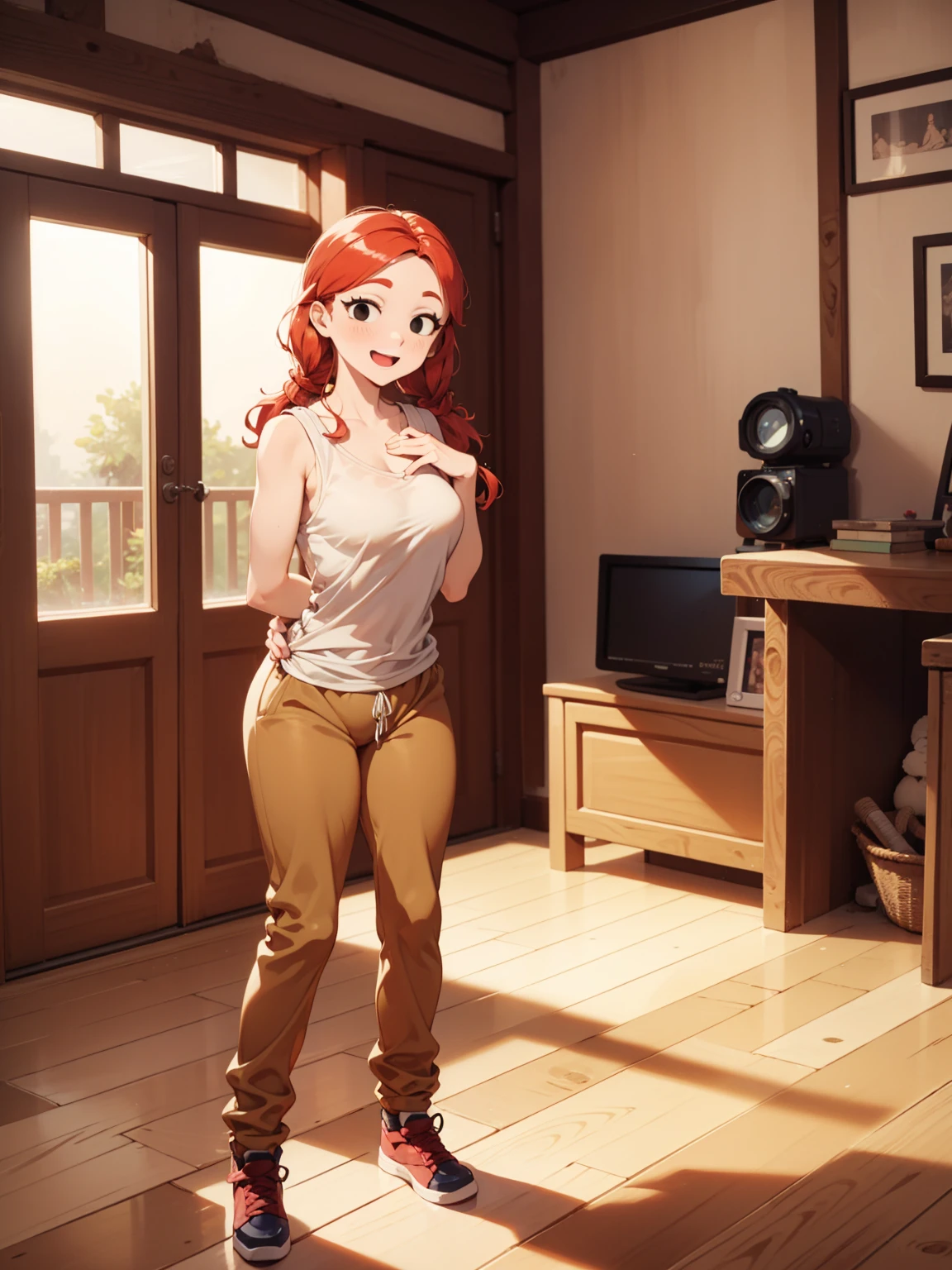 jbrawl, black eyes, happy, twintails, red hair, red twintails hair, low twintails, happy, white t-shirt, sleeveless t-shirt, t-shirt connected to trackpants, yellow colored trackpants, trackpants, short trackpants, bondage, tied up, both hand tied up behind back, in the house, wooden house, indoor, knell, knelling on the floor, knelling pose, both hand tied up,