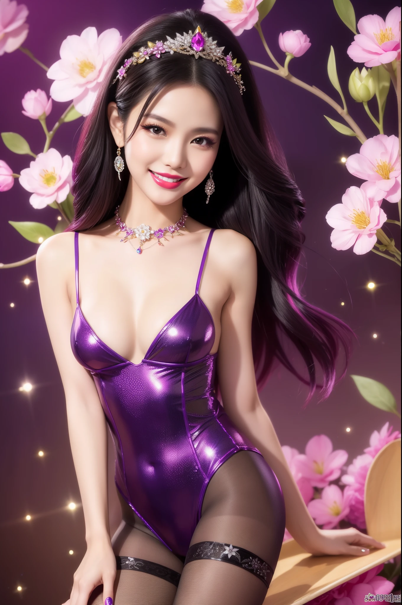 sexy Thai model who controls poison、beautiful smile、lipgloss、bold lipstick、intense makeup、look at the camera、full body Esbian、、sparkling poisoned flower costume、、、、sparkling Colorful hair、secrete poison、skull hair accessories、sexy tights、shiny sparkling flowers background