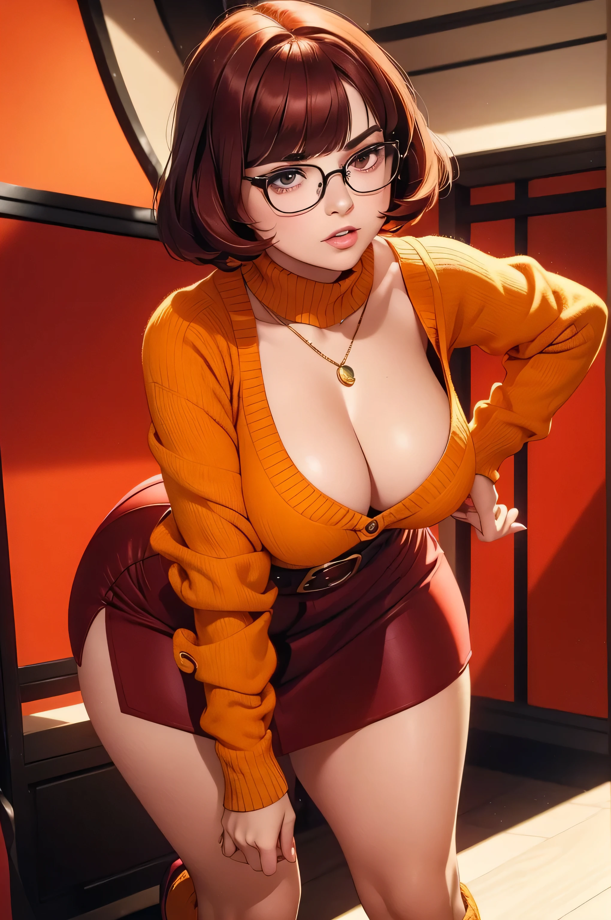 ((masterpiece, best quality, ultra-detailed, ultra-HD, photorealistic, cinematic)), (close-up camera shot, from below:1.2), (twerking, sensual pose), (alluring and voluptuous female as Velma Dinkley:1.2), perfect anatomy, perfect face, proportioned hands, (deep shade of auburn with a slight natural wave hair color, chin-length bob with blunt bangs hairstyle:1.3), (retro-chic style outfit, knee-length and maroon turtleneck dress), (a matching maroon belt that cinches at her waist:1.2), (thick-framed black square glasses), (wears knee-high, mustard-yellow socks that peek out just above her brown, sensible lace-up shoes), (sports a delicate, gold pendant necklace with a small magnifying glass charm), (vibrant orange cardigan slung over her shoulders), ((dynamic background))