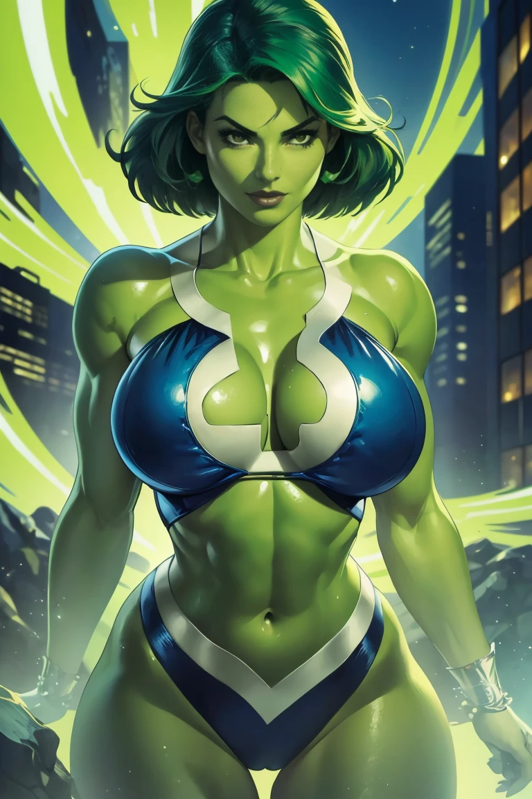 Susan Storm from the fantastic four with green hair and green skin, slutty, busty, beautiful large breasts, by Louis Royo, Boris Vallejo, Frank Frazetta, extreme focus, sharp details, sexy, oily skin, sexy, naughty, dynamic pose, (((green skin))), (((green hair)))