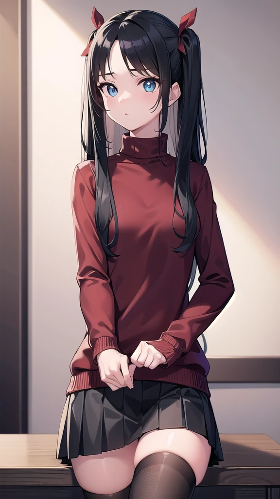 rintohsaka, rin tohsaka kyockcho, aqua eyes, (black hair:1.5), hair ribbon, long hair, ribbon, sidelocks, two side up, (parted bangs:1.5),
BREAK black skirt, black thighhighs, long sleeves, miniskirt, pleated skirt, (red sweater:1.5), skirt, sweater, thighhighs, turtleneck,
BREAK indoors, classroom,school,
BREAK looking at viewer, (cowboy shot:1.5)
BREAK (masterpiece:1.2), best quality, high resolution, unity 8k wallpaper, (illustration:0.8), (beautiful detailed eyes:1.6), extremely detailed face, perfect lighting, extremely detailed CG, (perfect hands, perfect anatomy),sitting on table, cross legs, from below,