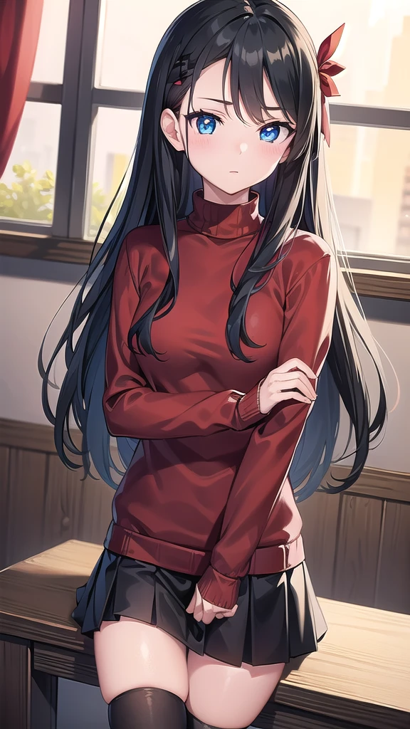 rintohsaka, rin tohsaka kyockcho, aqua eyes, (black hair:1.5), hair ribbon, long hair, ribbon, sidelocks, two side up, (parted bangs:1.5),
BREAK black skirt, black thighhighs, long sleeves, miniskirt, pleated skirt, (red sweater:1.5), skirt, sweater, thighhighs, turtleneck,
BREAK indoors, classroom,school,
BREAK looking at viewer, (cowboy shot:1.5)
BREAK (masterpiece:1.2), best quality, high resolution, unity 8k wallpaper, (illustration:0.8), (beautiful detailed eyes:1.6), extremely detailed face, perfect lighting, extremely detailed CG, (perfect hands, perfect anatomy),sitting on table, cross legs, from below,