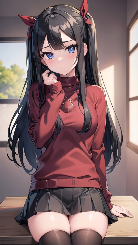 rintohsaka, rin tohsaka kyockcho, aqua eyes, (black hair:1.5), hair ribbon, long hair, ribbon, sidelocks, two side up, (parted bangs:1.5),
BREAK black skirt, black thighhighs, long sleeves, miniskirt, pleated skirt, (red sweater:1.5), skirt, sweater, thighhighs, turtleneck,
BREAK indoors, classroom,school,
BREAK looking at viewer, (cowboy shot:1.5)
BREAK (masterpiece:1.2), best quality, high resolution, unity 8k wallpaper, (illustration:0.8), (beautiful detailed eyes:1.6), extremely detailed face, perfect lighting, extremely detailed CG, (perfect hands, perfect anatomy),sitting on table, cross legs, from below,