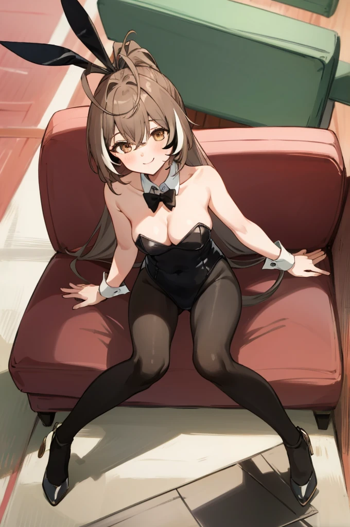 masterpiece, best quality, absurdres, perfect antomy, nanashi mumei, 1girl, solo, black leotard, cleavage, detached collar, fake animal ears, high heels, pantyhose, perspective, playboy bunny, rabbit ears, sitting, smile, very long hair, wrist cuffs, ponytail, couch, on couch, medium breasts