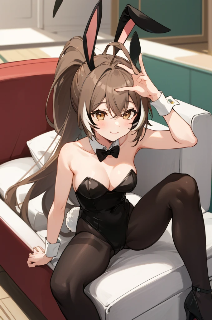 masterpiece, best quality, absurdres, perfect antomy, nanashi mumei, 1girl, solo, black leotard, cleavage, detached collar, fake animal ears, high heels, pantyhose, perspective, playboy bunny, rabbit ears, sitting, smile, very long hair, wrist cuffs, ponytail, couch, on couch, medium breasts