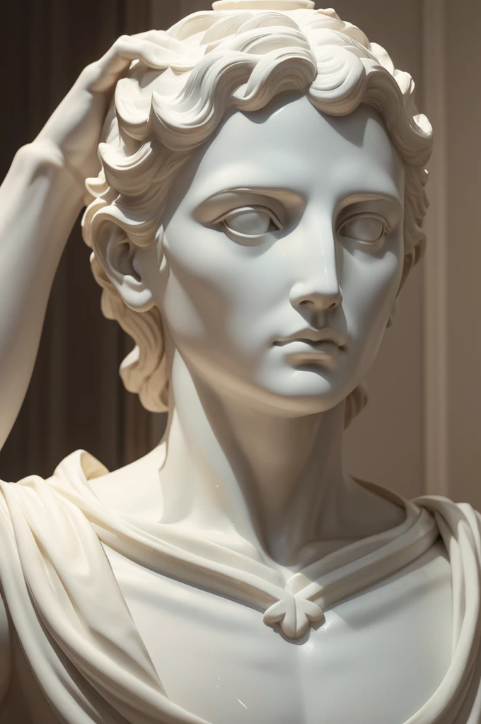 A realistic Greek white marble statue of the courageous Seneca, detailed wearing a ghostly toga, neutral background, temperamental, , photorrealistic, Thoughtful movie dinner, super detailed, hyperrealisti, glittering lights, 8 mil