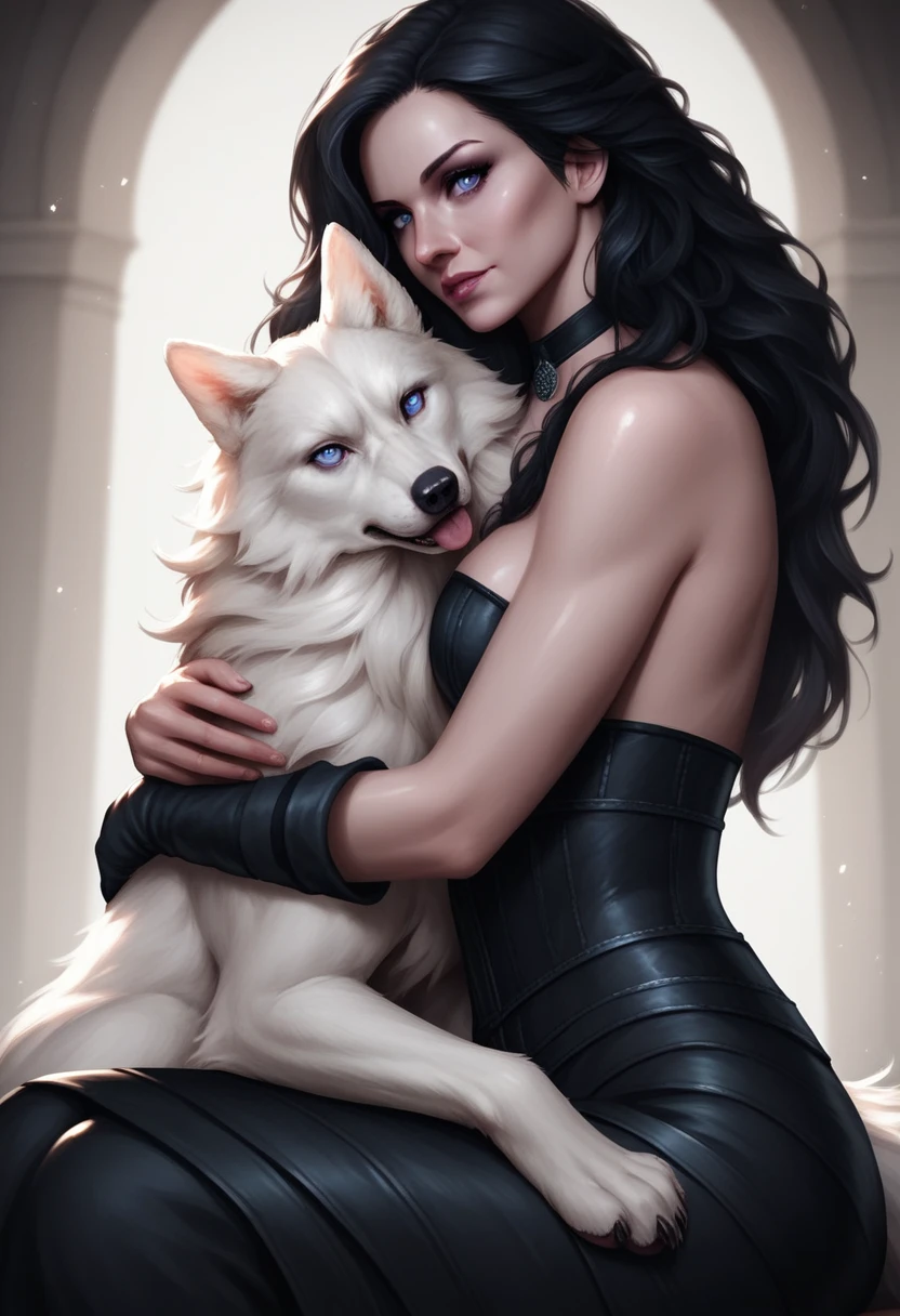 score_9, score_8_up, score_7_up, p3tl0v3, 1girl, yennefer of vengerberg, dark hair, shiny skin, eye contact, long hair, tilted angle, moody lighting, p3tl0v3, 1girl, hugging cute white wolf, dim lighting, medieval fantasy, perfect quality, high quality, photorealistic, sitting