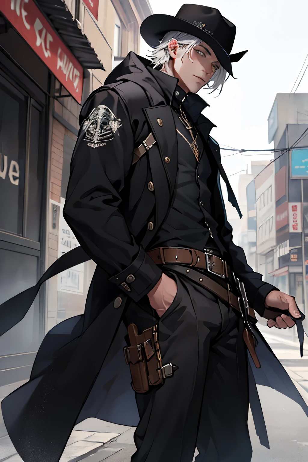 In the style of a Wild West gunslinger, a young man with black skin, white hair with black details, and a black coat