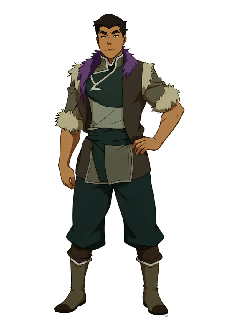 African-American male Bolin , the legend of Korra character, purple water tribe outfit, dark purple pants, fur collar, clothing from the water tribe, side shaved hair African-American