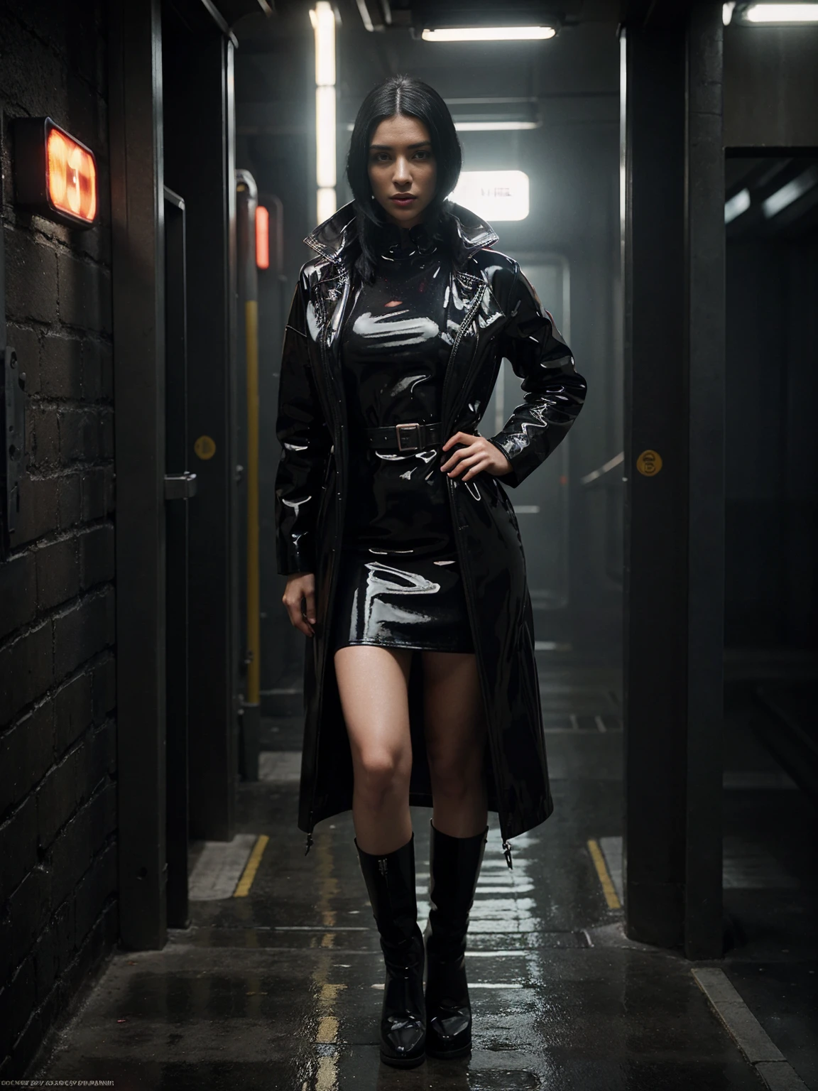 beautiful woman with black hair from the movie Bladerunner, Full body, black latex coat, It's night, City in the background with neon light, gentle blur in the background, Backlight with lens reflections, filmic, gloomy light, no longer sick, Kinoplakat, analogue photo, hyper-realistic, focused, Extreme Details, Unreal Engine 5, filmic, masterpiece, the atmosphere, Glow, Detailed, complicated, full of color, filmic lighting