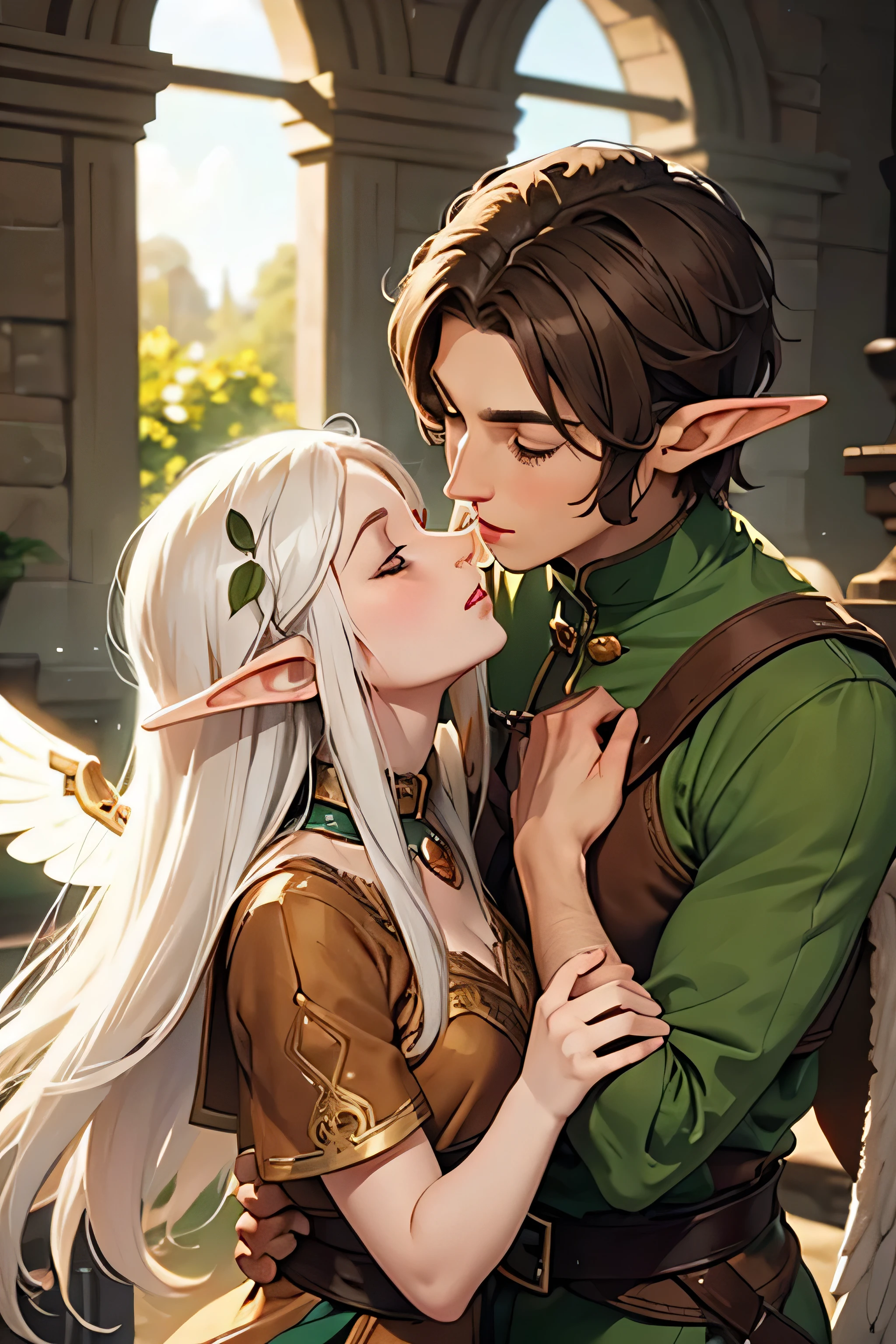 an elf man with short brown hair is kissing an elf woman with long white hair ( the two have wings)