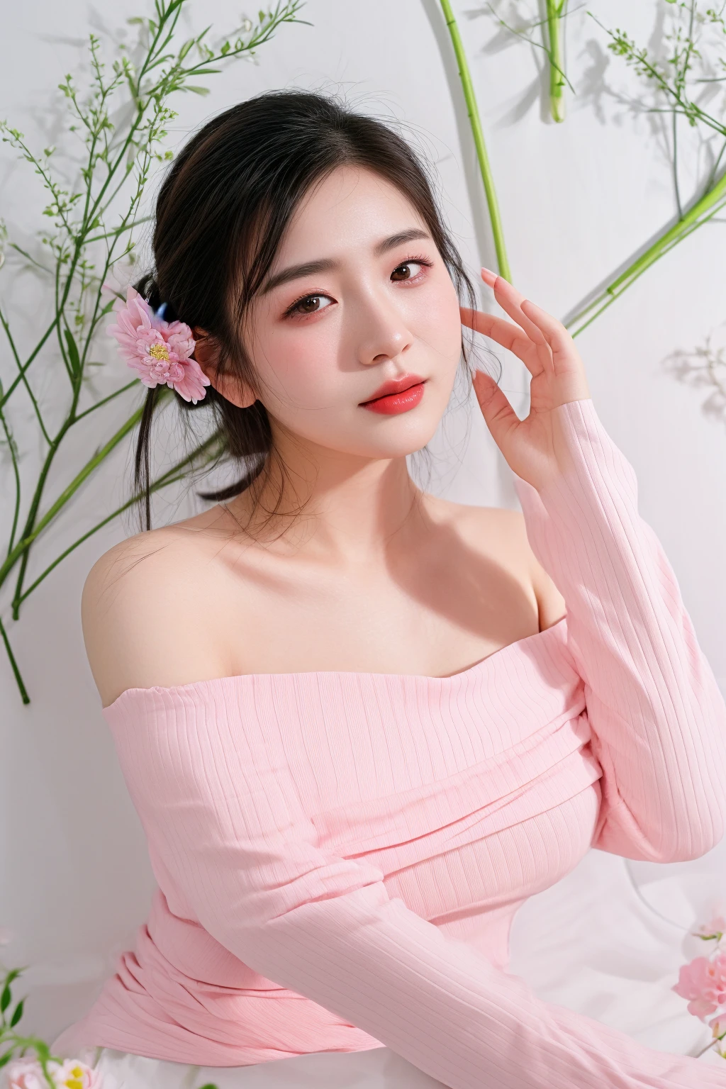 there is a woman that is posing for a picture in a pink dress, Ghost Festival, gorgeous chinese model, Yoshitomo Nara, sakimi chan, smooth pink skin, taken with canon eos 5 d mark iv, Chiho, sakimichan, xintong chen, pink pastel, gorgeous young korean woman