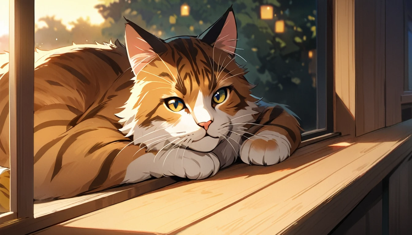 A serene scene unfolds: a majestic, top-quality cat sprawled solo on a window sill, basking in the warm glow of night. The soft, golden light casts a comforting ambiance as the feline's fur glistens with subtle sheen. Eyes half-closed, whiskers slightly askew, it appears to be luxuriating in the peacefulness of the evening, a true masterpiece of relaxation.