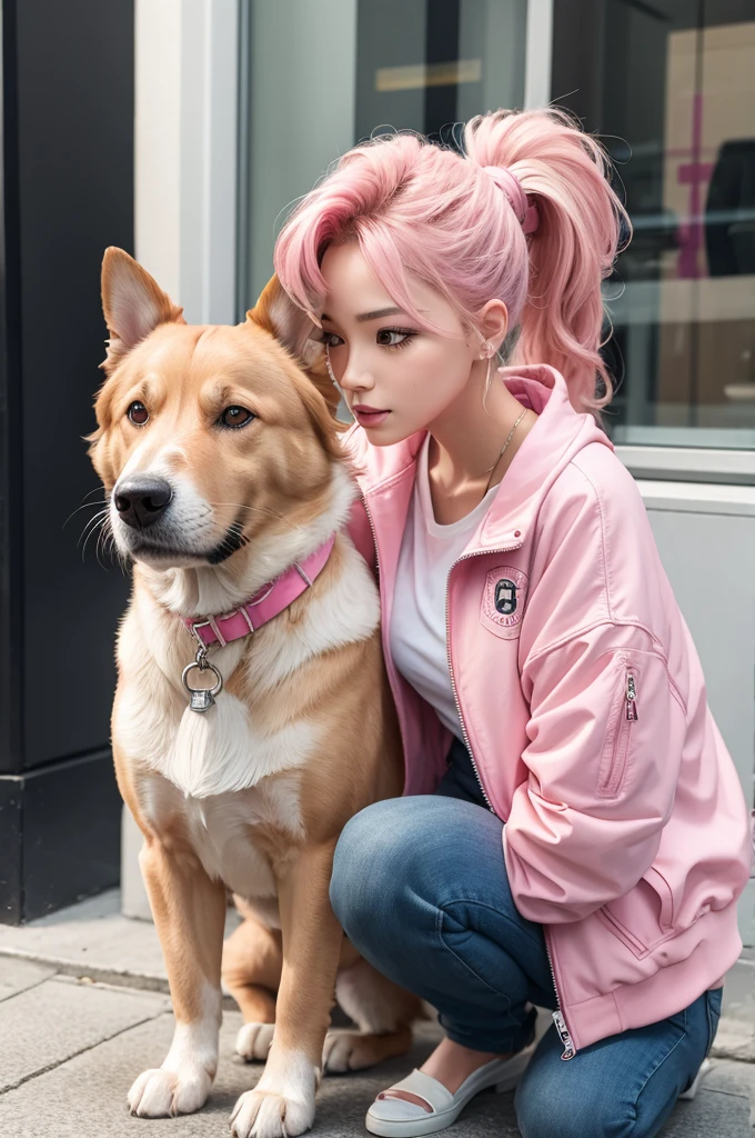 Dog with ponytail and pink jacket