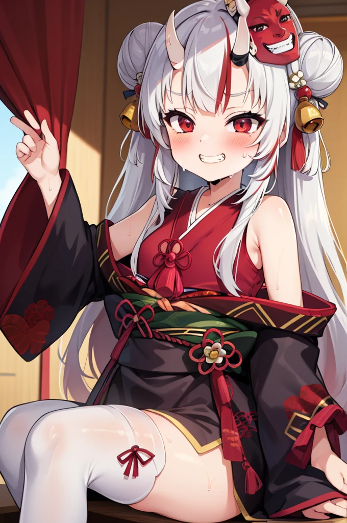 masterpiece, best quality, absurdres, perfect anatomy, 1girl, solo, Nakiri Ayame, long hair, double bun, AyameBase, black kimono, hair bell, obi, white thighhighs, bare shoulders, sleeveless, oni mask, mask on head, grin,(sweating),blush,my room