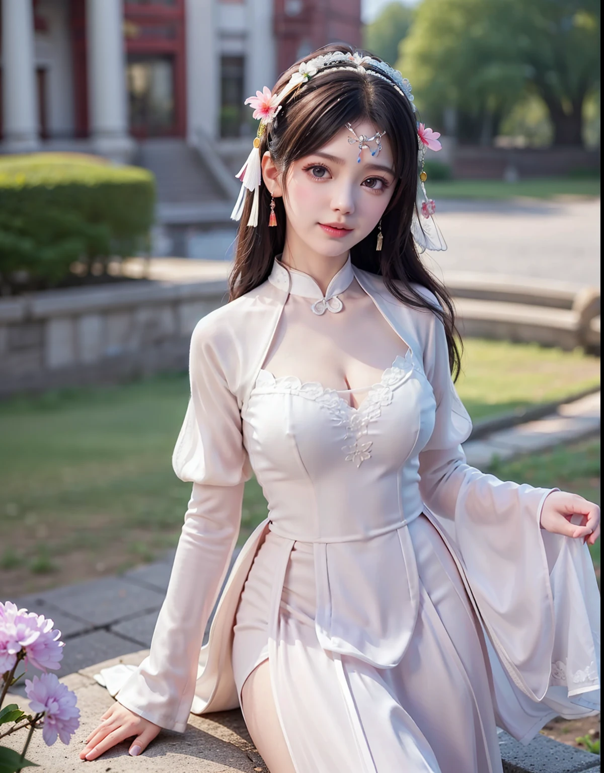 (8k, RAW photo:1.2), best quality, ultra high res,dramatic angle,(fluttered detailed color splashs), (illustration),(((1 girl))),(long hair),(rain:0.9), (Headdress:1.4),There is an ancient palace beside the girl,Hanfu,(Key Points),Color ink painting,(Splash of Color),Splash of Color,(((colorful))),(sketch:0.8) , Masterpiece, best quality, beautiful painted, highly detailed,(denoising:0.6),[splash ink],((ink refraction)), (beautiful detailed sky),moon,highly,detaild,(masterpiece, best quality, extremely detailed） CG Unity 8k Wallpaper，masterpiece，best quality，Ultra Detailed），（Lycoris）. qipao open V-chested clothes Thin silk lace dress short skirt , (huge ，cleavage),, white pink, blue ，best qualtiy，tmasterpiece，Ultra-high resolution，（Reality：1.4），RAW photogr，（True skin texture：1.3），（filmgrain：1.3），（Selfie angle），1个Giant Breast Girl，Beautiful eye and face details，tmasterpiece，Best quality at best，，The chest more exposed， detailed hair, bra pink , detail 8k, full body, lace petticoat, fan handle