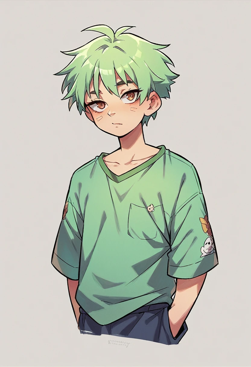 create a happymale asian college student with light green hair and green clothes, no background