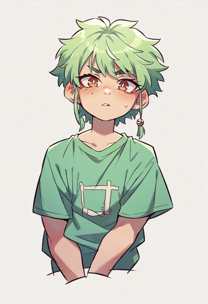 create a happymale asian college student with light green hair and green clothes, no background
