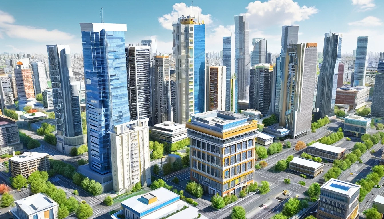 City scene,High-rise cluster,High-rise buildings,High-class office building,Office building,Super large scene,3D stereoscopic style,daytime,Bright colors,Morandi color matching style,Rich in architectural details,Ultra-detailed,Ultra HD,8K,(masterpiece),(Ultra-detailed)