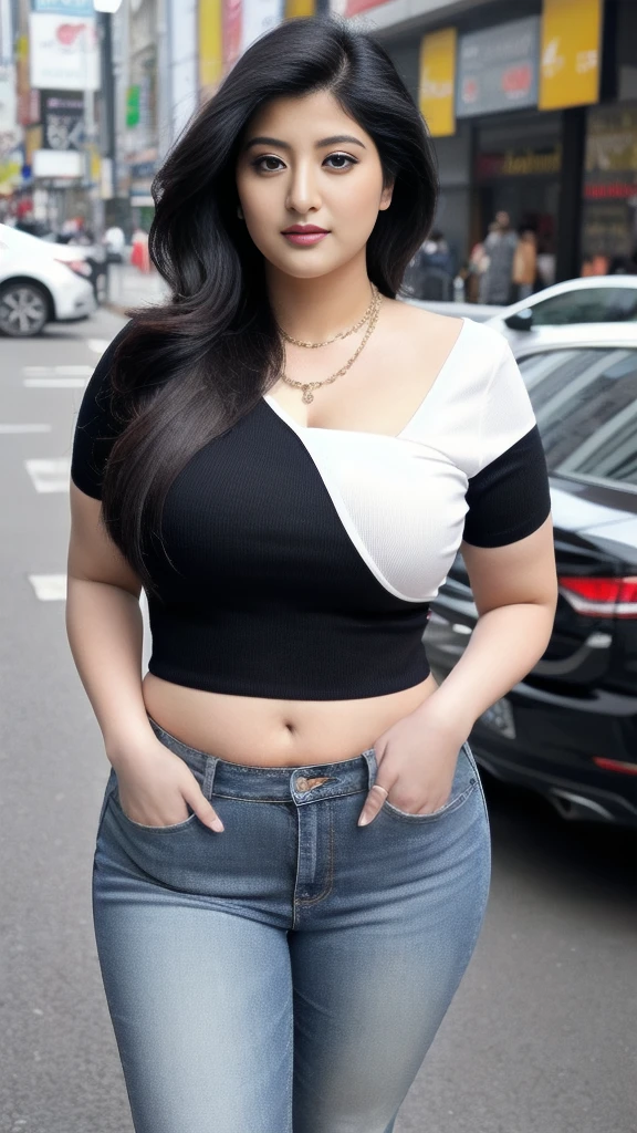 Shrabanti Chatterjee bengali beautiful actress sexy curvy plus size huge figure woman wearing SHEIN SXY Plus High Waist Button Fly Skinny Jeans and short top, different Type standing position, manga mala necklace ornament in necklace for wedding, Head Jewelry for wedding, busty, small curvy, mid body shot, round belly, thick body, busy street background, head to Thai view, medium breasts.