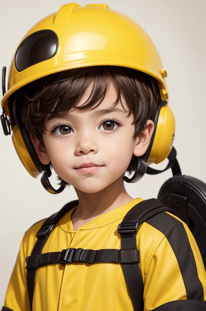 Create a prompt for an image of a 4-year-old boy, wearing a yellow and black jumpsuit, curled brown hair, white skin, brown eyes, wearing a foreman's helmet, with a white background and Disney Studios style