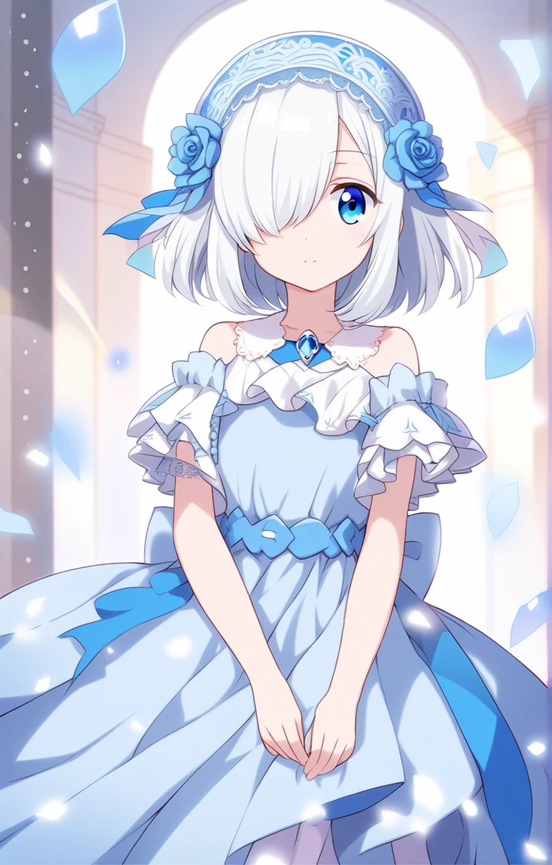 one anime girl, blue eyes, white hair, medium hair, hair covers one eye, white and blue dress,