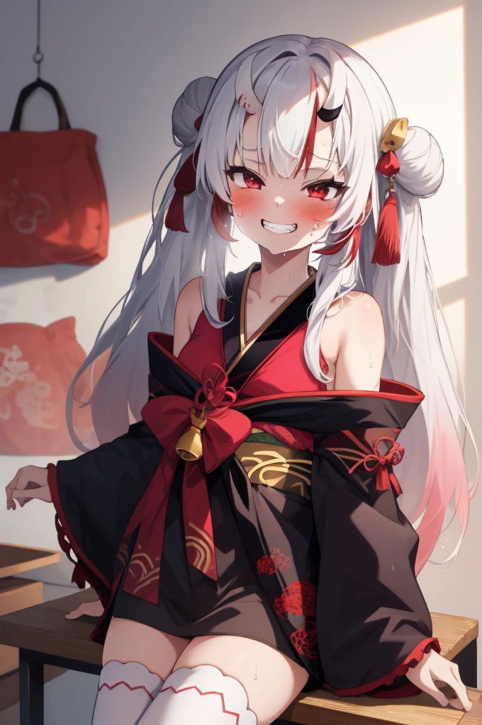 masterpiece, best quality, absurdres, perfect anatomy, 1girl, solo, Nakiri Ayame, long hair, double bun, AyameBase, black kimono, hair bell, obi, white thighhighs, bare shoulders, sleeveless, oni mask, mask on head, grin,(sweating),blush,my room