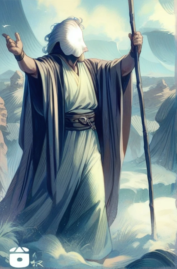 Young man, 30 years old, Bedouin, Arab, old, leaning on a stick, his belt is green cloth, his face radiates light, he looks like Jesus Christ, in the Arabian desert, sand,