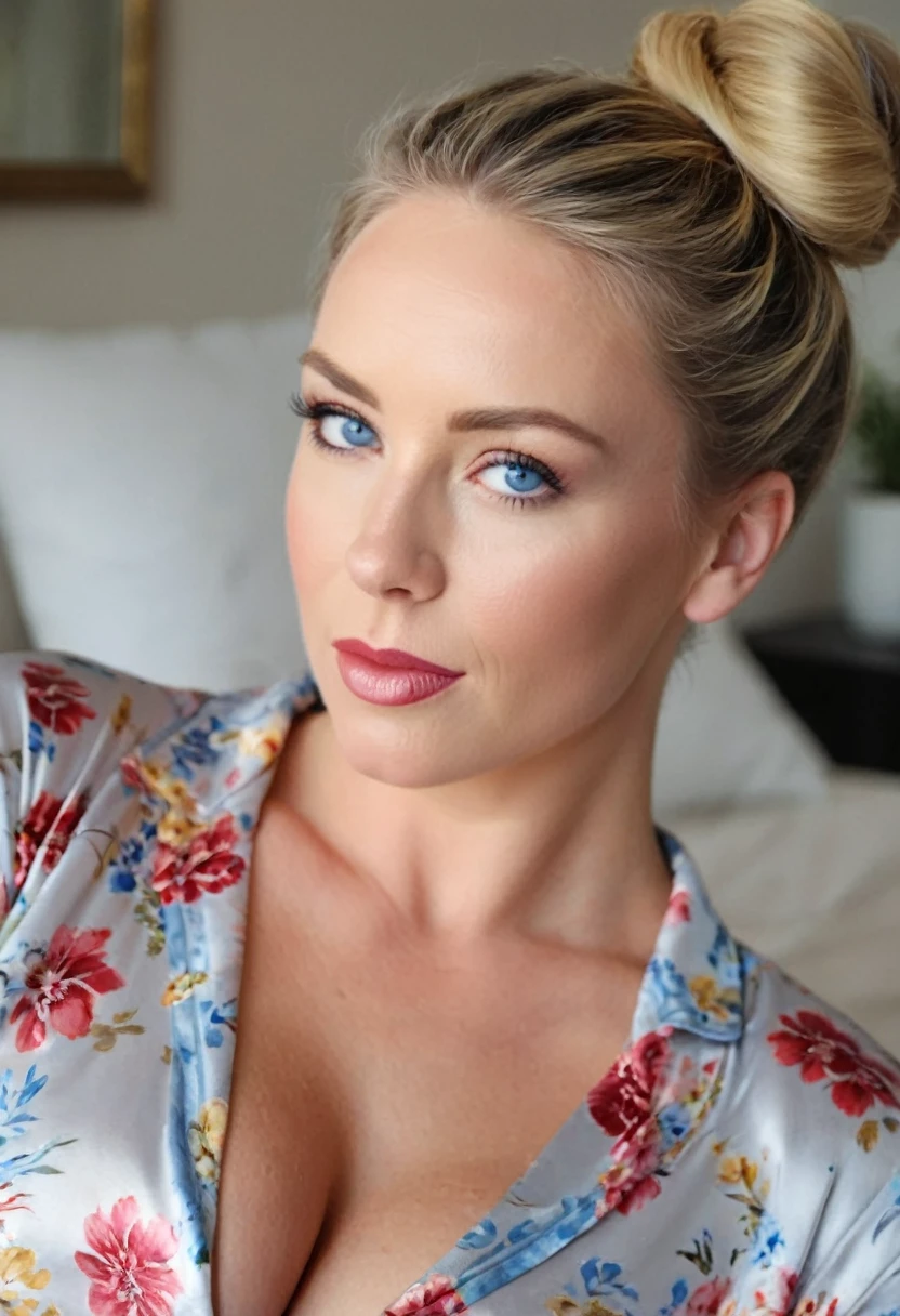 beautiful woman of 45 years old with blue eyes, blond with brown roots, hair in bun with tendrils, looking directly at the camera, very realistic, , closeup face, at home, silk floral pyjamas, clothes tight against body, clothes too tight, film grain, fit muscular body, big breasts, focus on face, clothes too tight, seductive, lipstick, full body shot