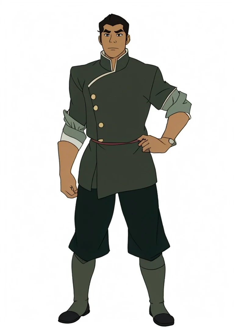 African-American male Bolin , the legend of Korra character, purple water tribe outfit, dark purple pants, fur collar, clothing from the water tribe, side shaved hair African-American