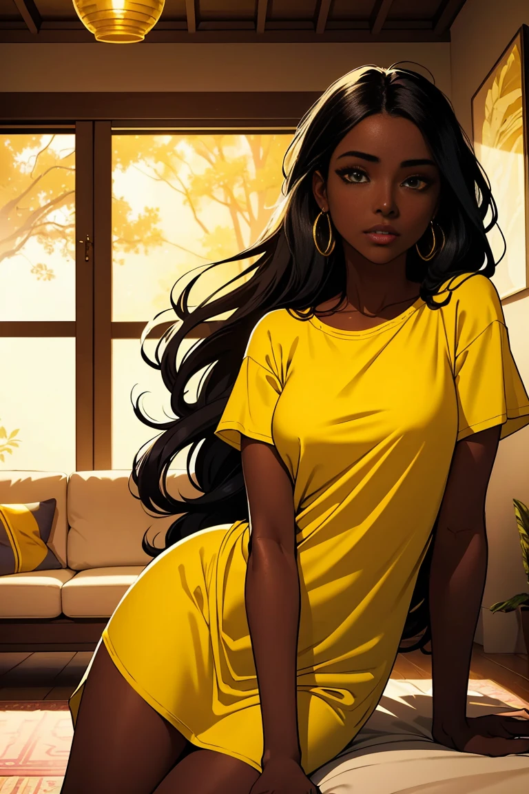 Dark skin young woman in a soft yellow shirt, long black hair, boho chic luxury home interior