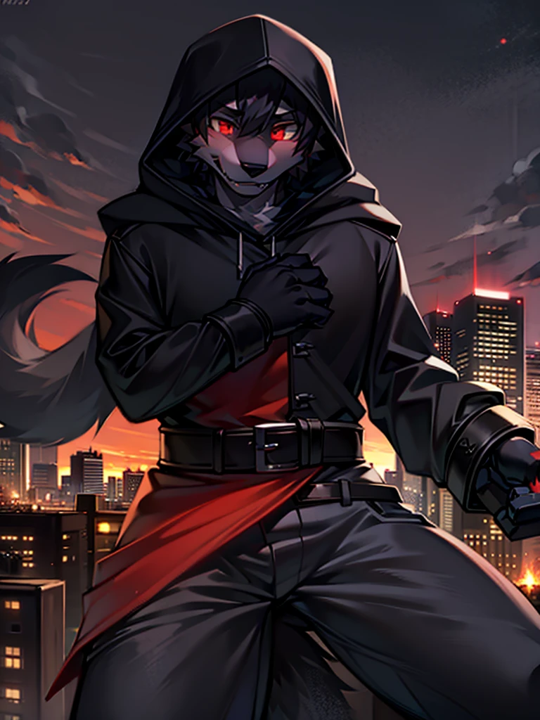 Black-haired male wolf orc,Wearing a black long coat of the same color as the fur,With black hood,Black ears not covered by the hood,Relatively lighter hair color,Messy hair,Eyes are red,Wearing red gloves on the bottom and black gloves on the top,Looking forward with determination,A long black and red blade is held tightly in the right hand.。A city under a red sky