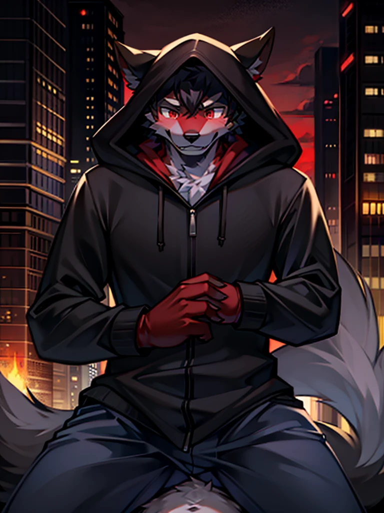 Black-haired male wolf orc，Wearing a black long coat of the same color as the fur，With black hood，Black ears not covered by the hood，Relatively lighter hair color，Messy hair，Eyes are red，Wearing red gloves on the bottom and black gloves on the top，Looking forward with determination，A long black and red blade is held tightly in the right hand.。A city under a red sky