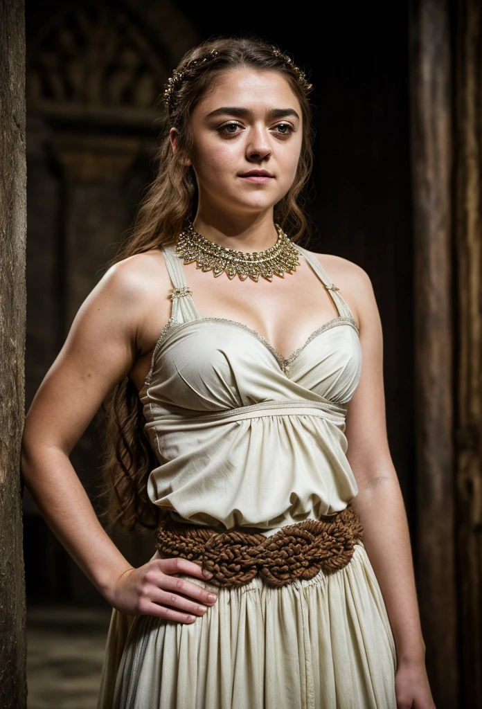 Foto RAW, Arya Stark, Stunning Beauty, Ravishing, Enchantress, Extremely gorgeous lady, Arya Stark PLAYED BY MAISIE WILLIAMS, Queen Arya Stark, she  a mature woman now, milf, sexy mediaeval battle dress, gladiator woman, body, 40 years old Woman, Roman slave dress, cotton dress, busty mediaeval costumes, body revealing costumes, perky breast, big natural breast, erotic costumes, lusty physique, seductive figure can capture every people's attention, Game of thrones costumes, revealing captivating figure, Mediaeval costumes, revealing clothes, A tomboy, she would rather fence than dance, warrior queen , game of thrones screen caps, Game of Thrones Series, (pele altamente detalhada: 1.2), 8k UHD, DSLR, soft-lighting, alta qualidade, grain of film, Fujifilm XT3, flawless picture, highly detailed, detailed Beauty, intricate, 32k, sharp picture,