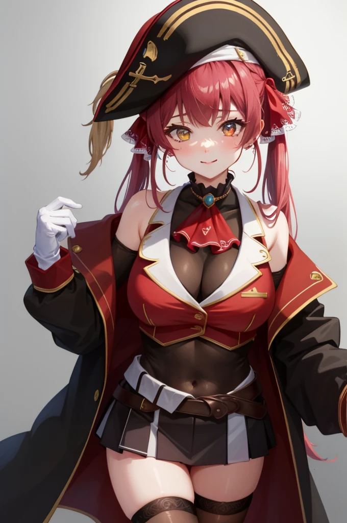masterpiece, best quality, absurdres, perfect antomy, houshouBase, 1girl, solo, heterochromia, red eyes, yellow eyes, twintails, long hair, hair ribbon, large breasts, white gloves, frilled choker, red ascot, leotard, leotard under clothes, red jacket, cropped jacket, sleeveless jacket, black coat, off shoulder, bicorne, red skirt, miniskirt, leather belt, black thighhighs, standing, smile,huge breasts
