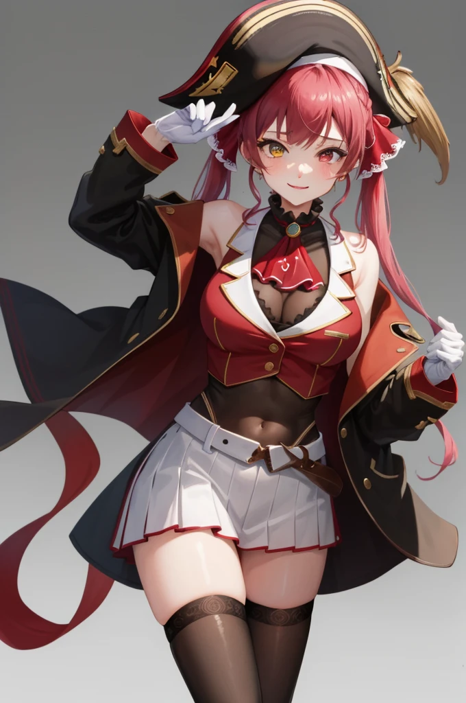 masterpiece, best quality, absurdres, perfect antomy, houshouBase, 1girl, solo, heterochromia, red eyes, yellow eyes, twintails, long hair, hair ribbon, large breasts, white gloves, frilled choker, red ascot, leotard, leotard under clothes, red jacket, cropped jacket, sleeveless jacket, black coat, off shoulder, bicorne, red skirt, miniskirt, leather belt, black thighhighs, standing, smile,huge breasts