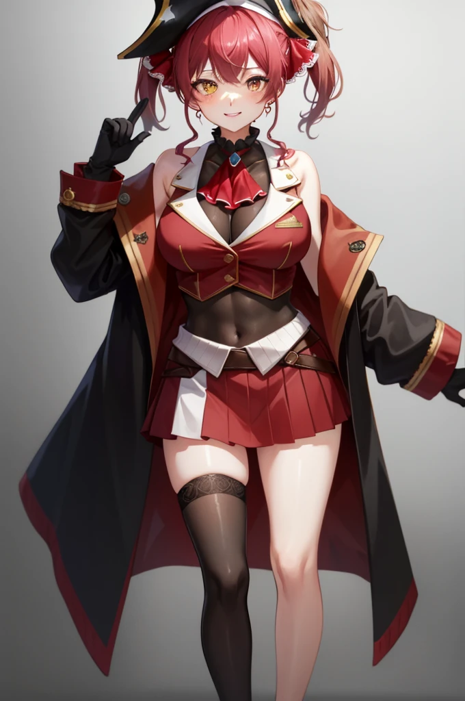 masterpiece, best quality, absurdres, perfect antomy, houshouBase, 1girl, solo, heterochromia, red eyes, yellow eyes, twintails, long hair, hair ribbon, large breasts, white gloves, frilled choker, red ascot, leotard, leotard under clothes, red jacket, cropped jacket, sleeveless jacket, black coat, off shoulder, bicorne, red skirt, miniskirt, leather belt, black thighhighs, standing, smile,huge breasts