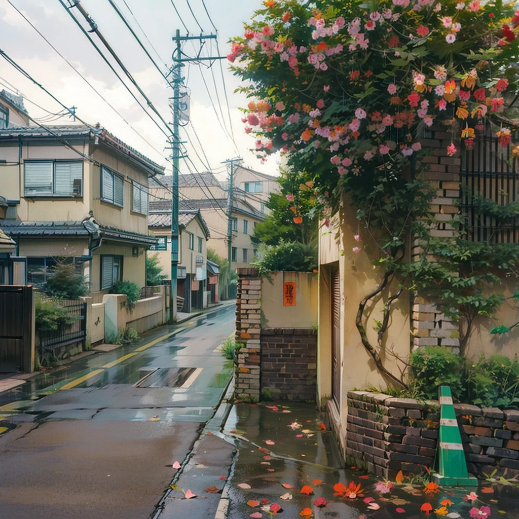 there is a street with a fence and a flowered tree, japanese street, japanese neighborhood, japan travel aesthetic, tokyo street, beautiful aesthetic, tokyo - esque town, in a tokyo street, by Eizan Kikukawa, beautiful and aesthetic, in the streets of tokyo, day after raining, tokyo alleyway, by Nishida Shun'ei, alley