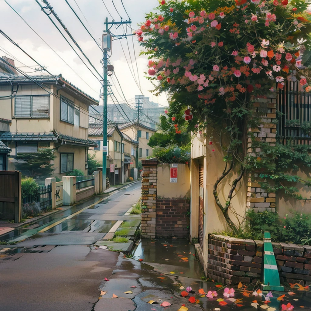 there is a street with a fence and a flowered tree, japanese street, japanese neighborhood, japan travel aesthetic, tokyo street, beautiful aesthetic, tokyo - esque town, in a tokyo street, by Eizan Kikukawa, beautiful and aesthetic, in the streets of tokyo, day after raining, tokyo alleyway, by Nishida Shun'ei, alley