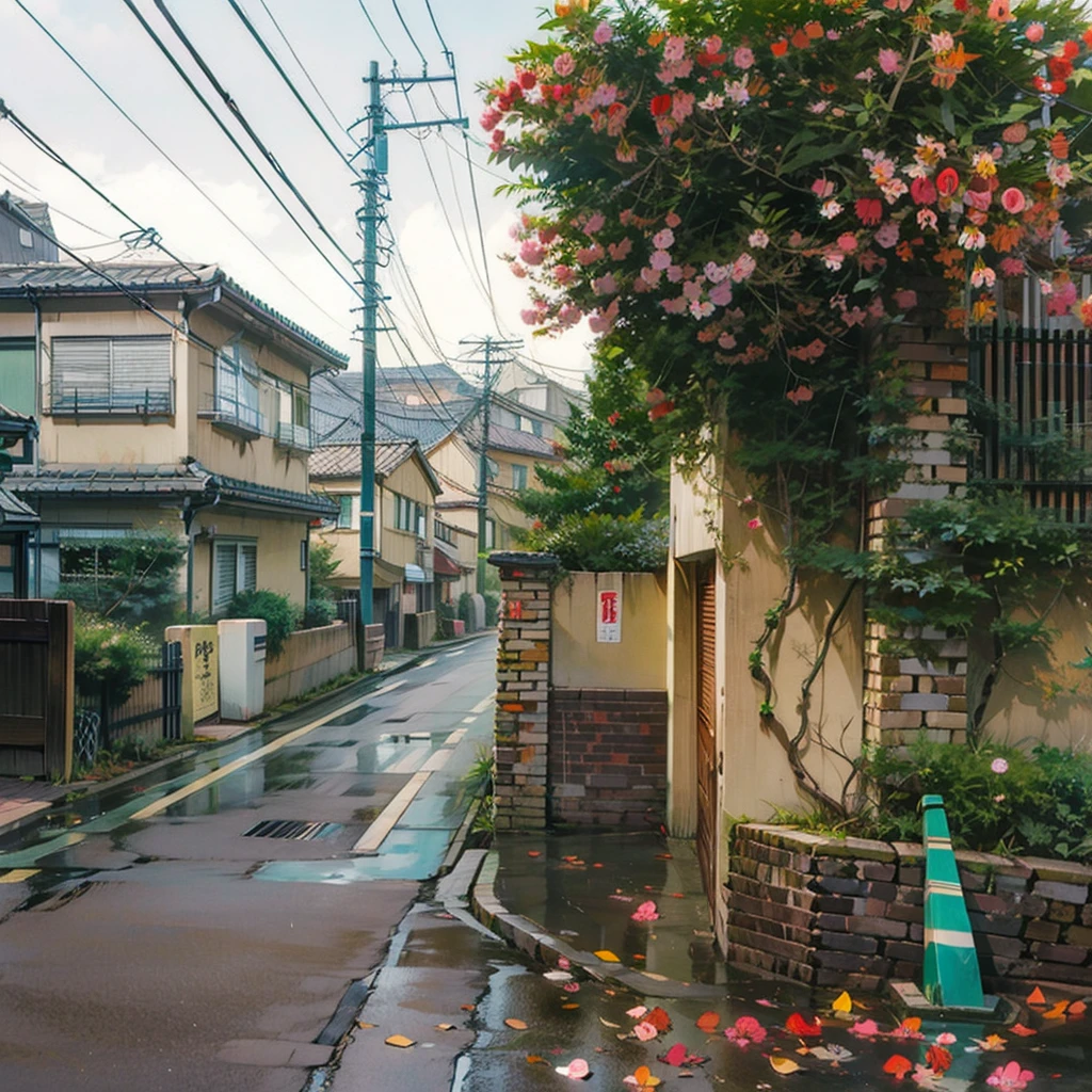 there is a street with a fence and a flowered tree, japanese street, japanese neighborhood, japan travel aesthetic, tokyo street, beautiful aesthetic, tokyo - esque town, in a tokyo street, by Eizan Kikukawa, beautiful and aesthetic, in the streets of tokyo, day after raining, tokyo alleyway, by Nishida Shun'ei, alley