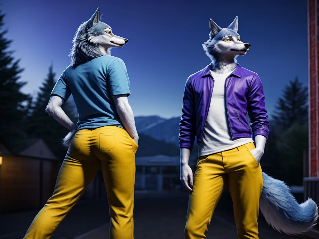 Porsha is a tall Arctic-gray wolf with yellow eyes and bluish-grey and white fur. She wears purple sunglasses, a dark blue jacket with multicolored accents, yellow trousers, grey and white sneakers, and a blue vintage t-shirt. anthro wolf, female, adult, blue fur, buffed body, tail, sexy, beefy body, furred body, furry chest hair, realistic, full body, photorealistic, ultra realistic, 8k, night, bare-chested, in back turned posing, sexy butt