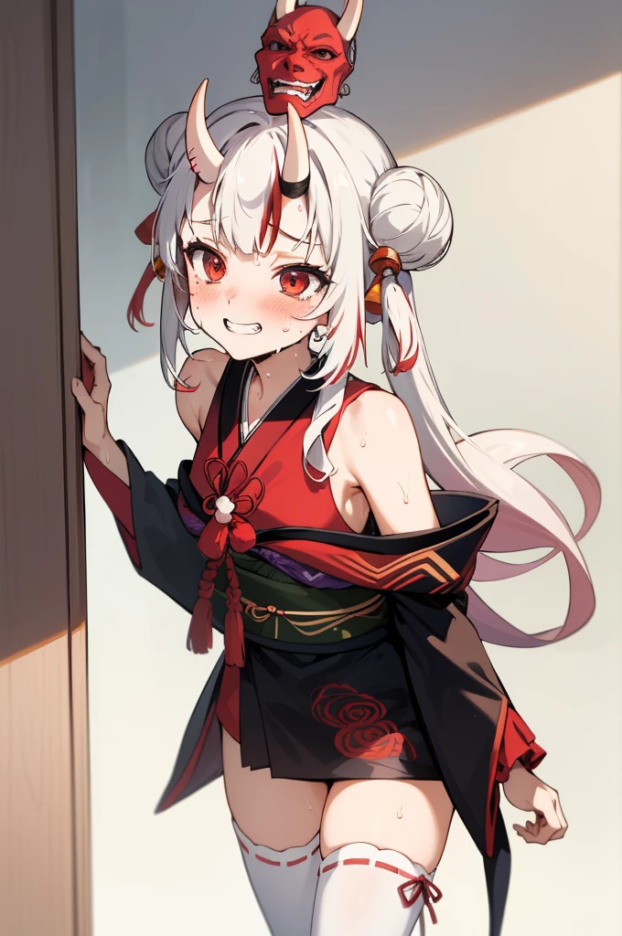 masterpiece, best quality, absurdres, perfect anatomy, 1girl, solo, Nakiri Ayame, long hair, double bun, AyameBase, black kimono, hair bell, obi, white thighhighs, bare shoulders, sleeveless, oni mask, mask on head, grin,(sweating),blush,my room,thigh