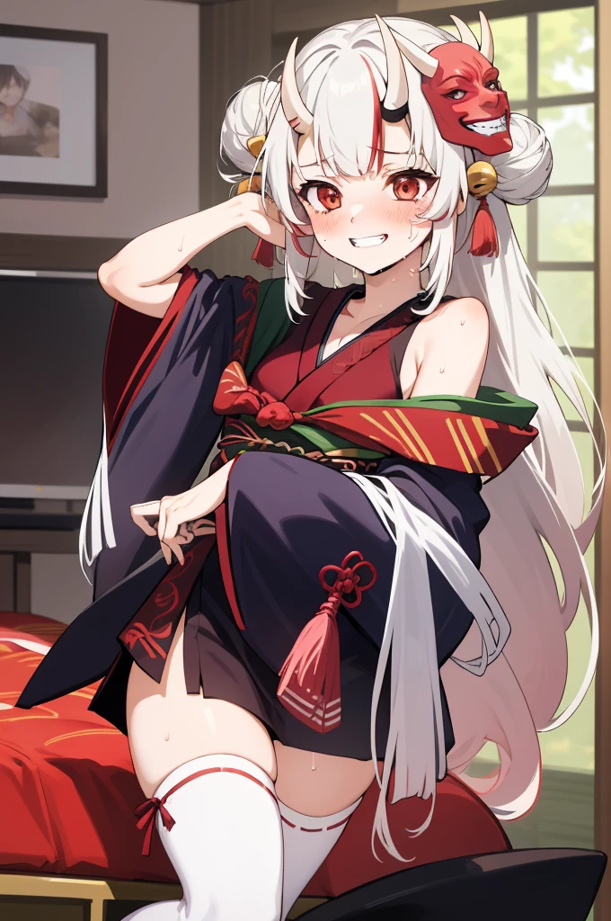 masterpiece, best quality, absurdres, perfect anatomy, 1girl, solo, Nakiri Ayame, long hair, double bun, AyameBase, black kimono, hair bell, obi, white thighhighs, bare shoulders, sleeveless, oni mask, mask on head, grin,(sweating),blush,my room,thigh,armpit,looking viewer,nsfw