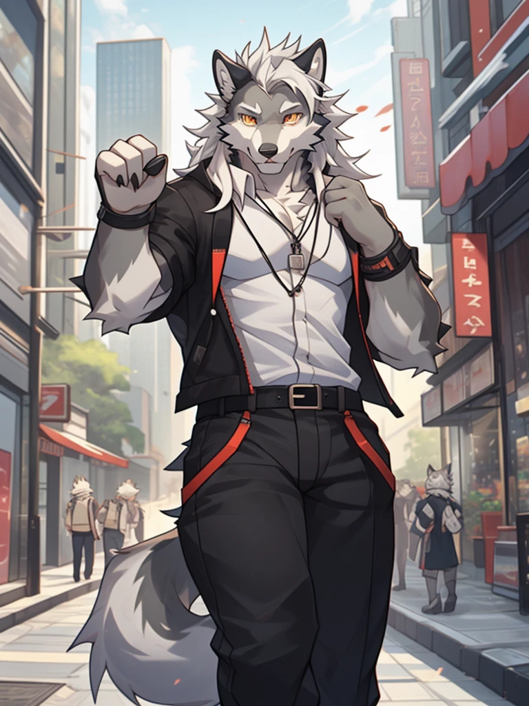 gray wolf，long white hair，City，golden pupils，Handsome，Have a better figure，Say hello by chance，Cai Xukun's