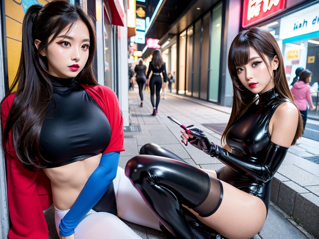 high quality, high resolution,Scenery of the city in Japan,One girl with multiple girls in the background,Detailed output of the girl in the background,Super high leg leotard made of spandex,Spandex long gloves The girl in the background is also wearing the same super high leg leotard and long gloves,Colorful super high leg leotards,Wearing super shiny pantyhose,Brainwashing Makeup,Heavy makeup,Dark eyeshadow,Dark lipstick,Female Combatant
